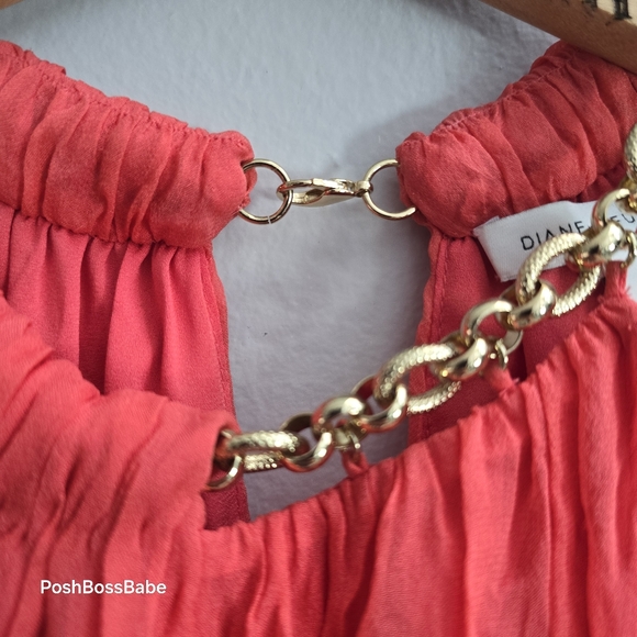 DVF AUBREY TWO OCEAN CORAL 100% SILK GOLD CHAIN NECKLINE BLOUSE SLEEVELESS - Picture 5 of 9